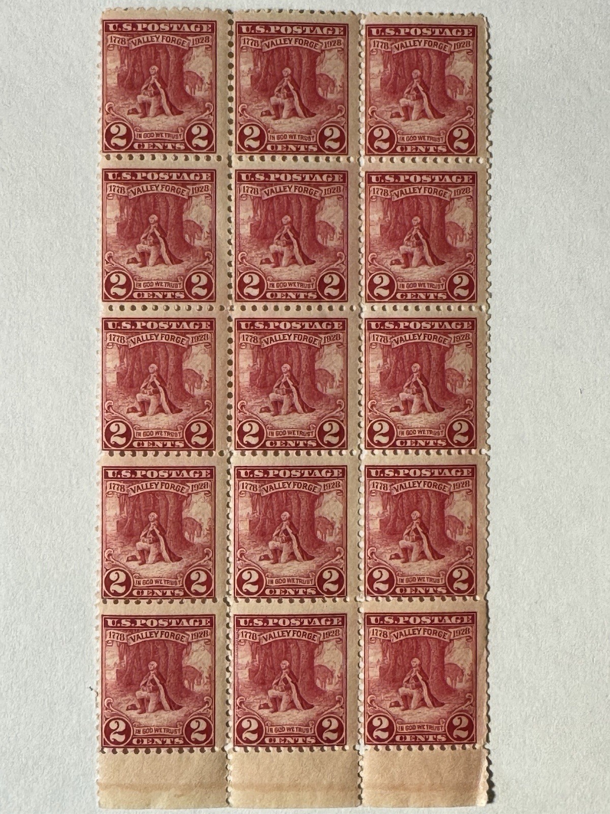 1928 Valley Forge 2 Cents Stamp Sheet Of 15 Stamps Mint