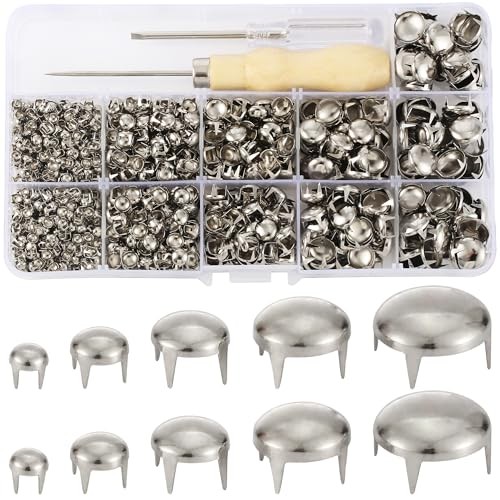 1220 Pcs Assorted Sizes Studs for Clothing Leather Rivets Round Dome Silver