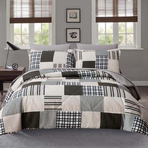 Comforter Set King Size Plaid Patchwork King-7 Pieces Buffalo Plaid Patchwork