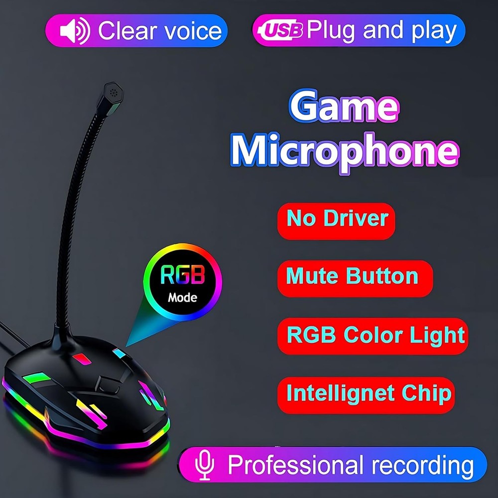 USB Computer Microphone with Mute Button&RGB Glowing Light Compatible with PC La