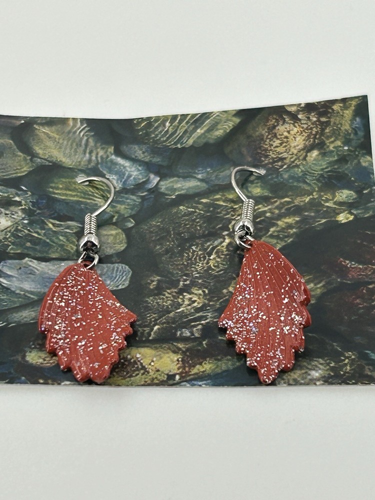 Handmade Dangle Earrings Womens Leaf Shape Curved Orange Glitter Hook