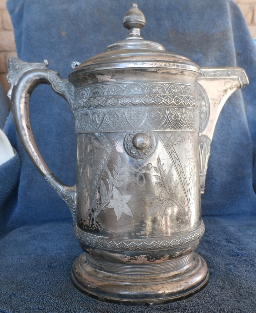 Derby Silver Co. large water pitcher #2005 with ceramic liner. 1878 pat. date