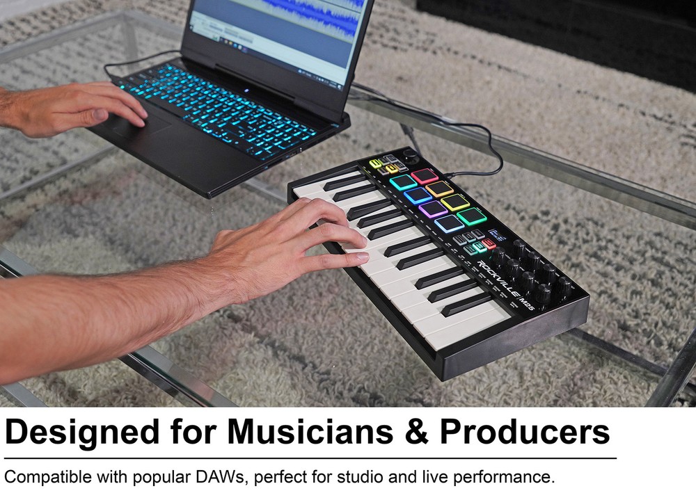 Rockville M25 Black 25 Key USB Wireless Bluetooth MIDI Keyboard Controller+Mic