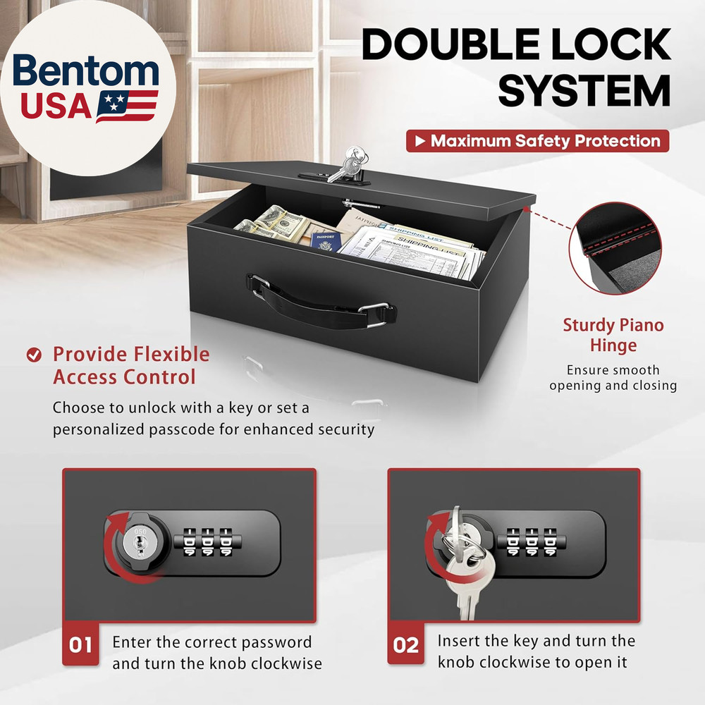 Fireproof Lock Box with Key and Combination Lock, Fire Safe Document Box, Portab