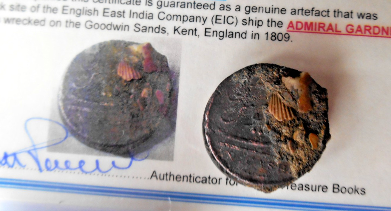 TREASURE copper 2 COIN CLUMP shipwreck 1808 EAST INDIA Co wreck 10 cash GARDNER
