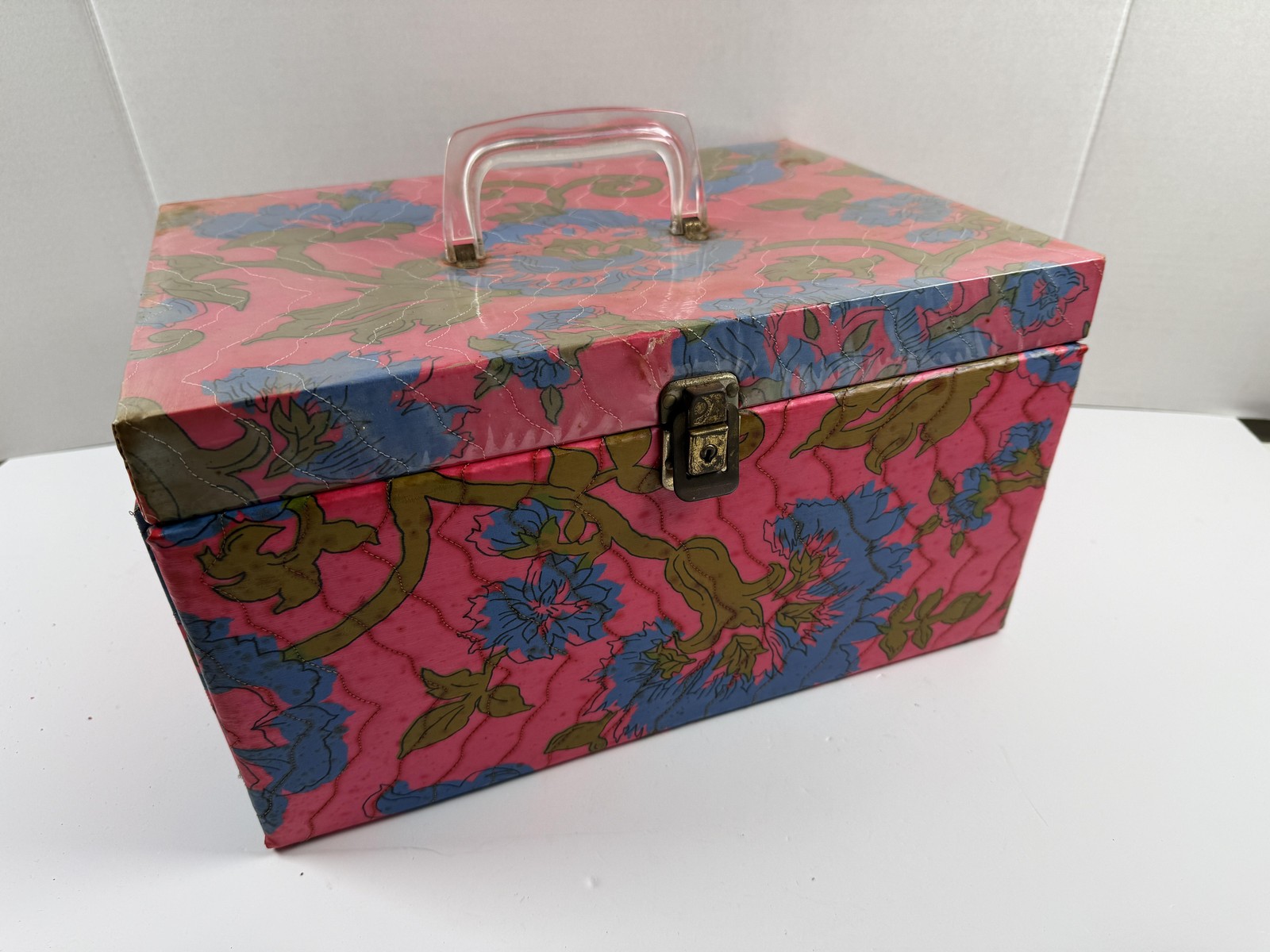 Vintage Sewing Box Kit Pink Floral Portable Sewing Case Box Organizer 60's
