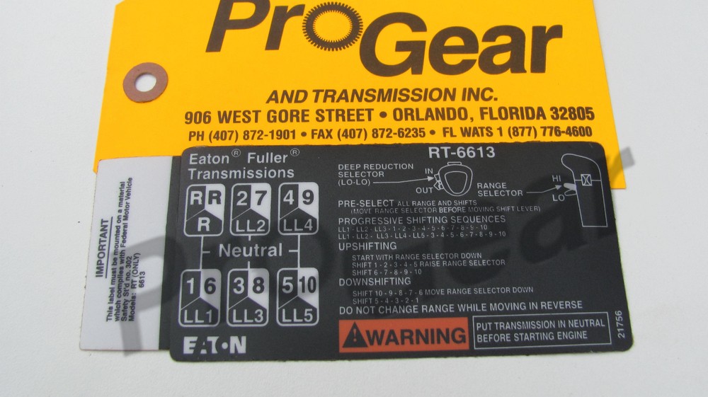 Fuller transmission 13 speed RT6613 shift pattern RT613 21756
