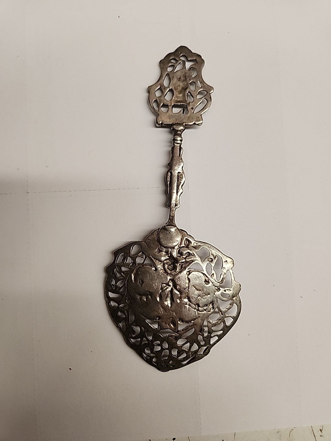 Antique Dutch Silver Tea Strainer / Spoon - Windmill & Ship Finial - 30.74g , 6"