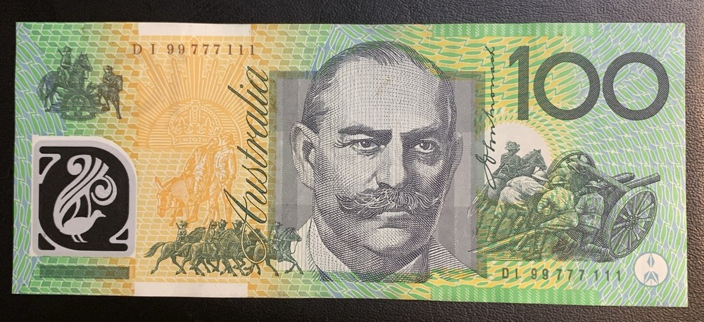 $100 Australian AUNC – Melba/Monash•Pattern Serial • Polymer Note • DI-99777111