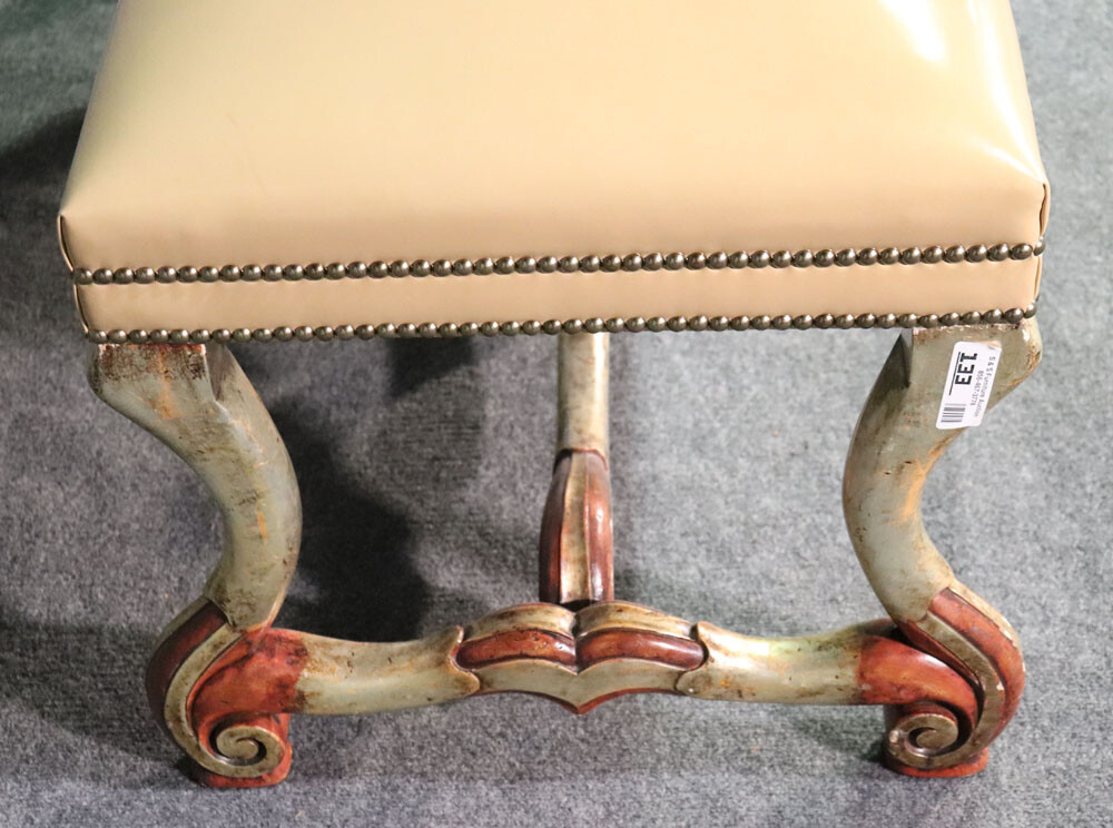 Silver Leaf and Red Bole French Mutton Leg Long Window Bench Stool Ottoman