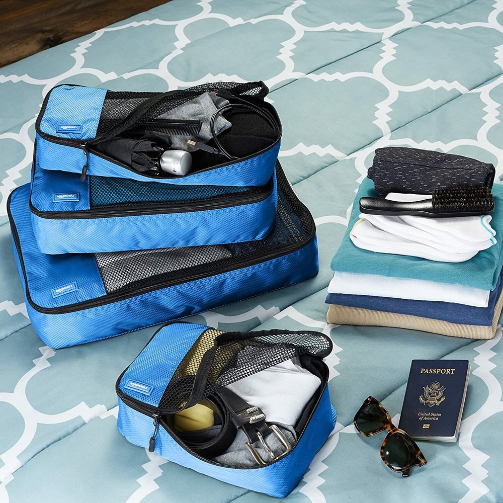 AmazonBasics 4 Piece Packing Travel Organizer Cubes Set Blue