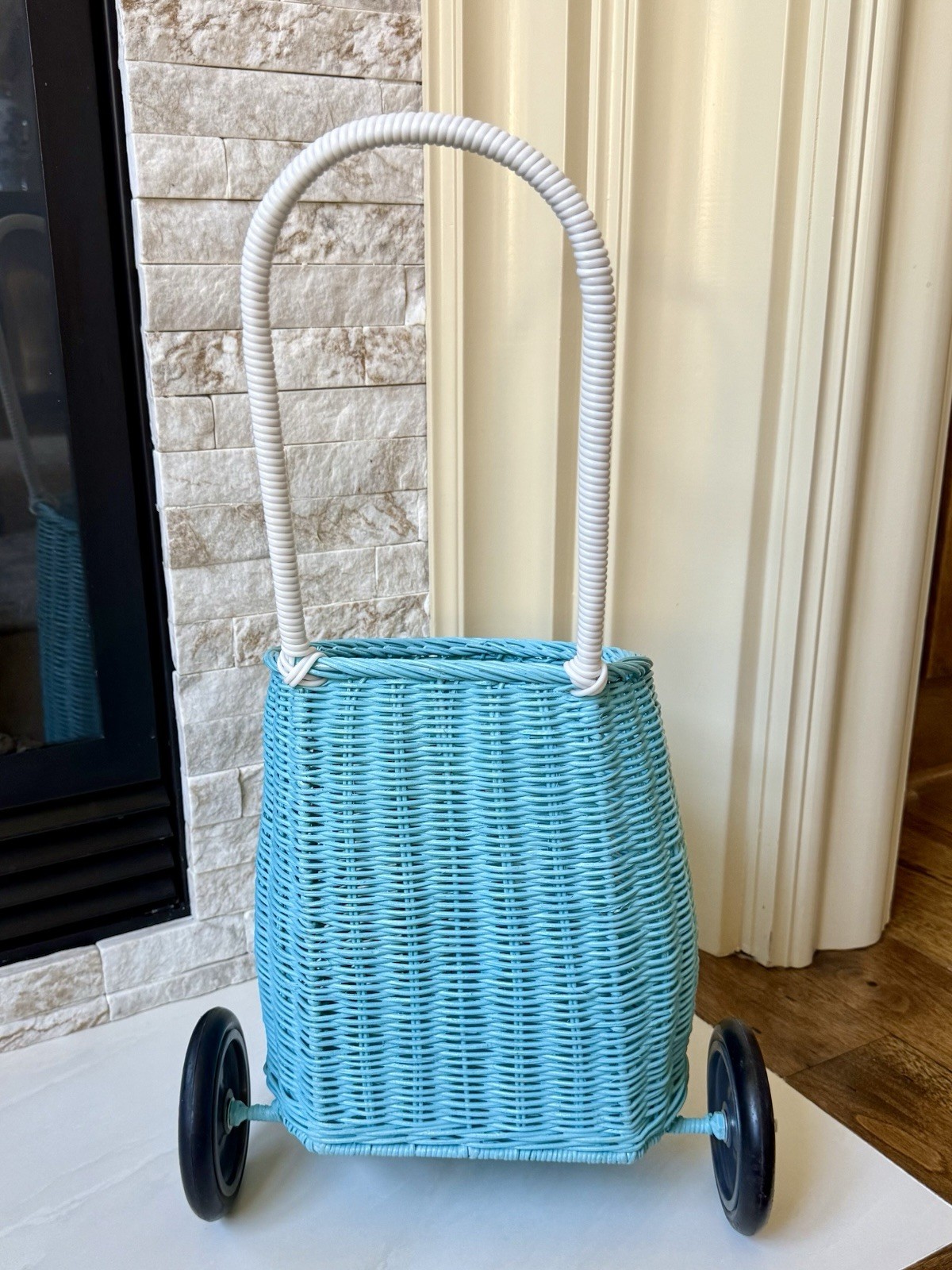 Antropologie Olli Ella Blue Rattan Luggy Cart Trolly Children Kids Wheel Basket