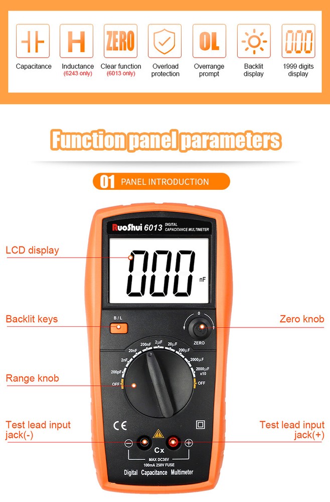 Digital Capacitance Multimeter Multi Tester Electrical Tools AC DC
