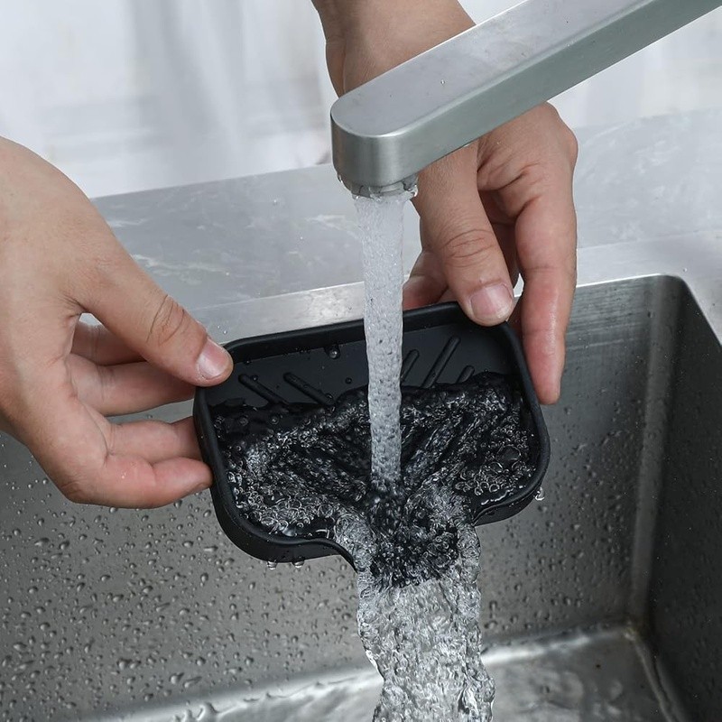 Multi-Functional Silicone Soap Dish W/ Drain Spout Non-Slip Holder Kitchen Bath