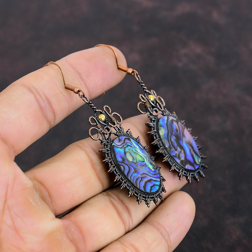 Abalone Shell Copper Valentine Gift Wire Wrapped Drop/Dangle Earrings 2.76"