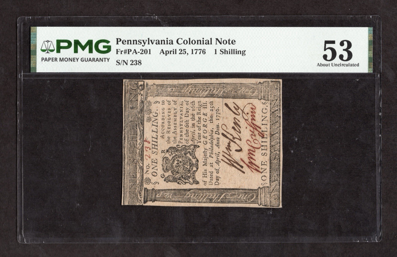 April 25, 1776 1 Shilling Pennsylvania Colonial Note Fr. PA-201 - PMG 53