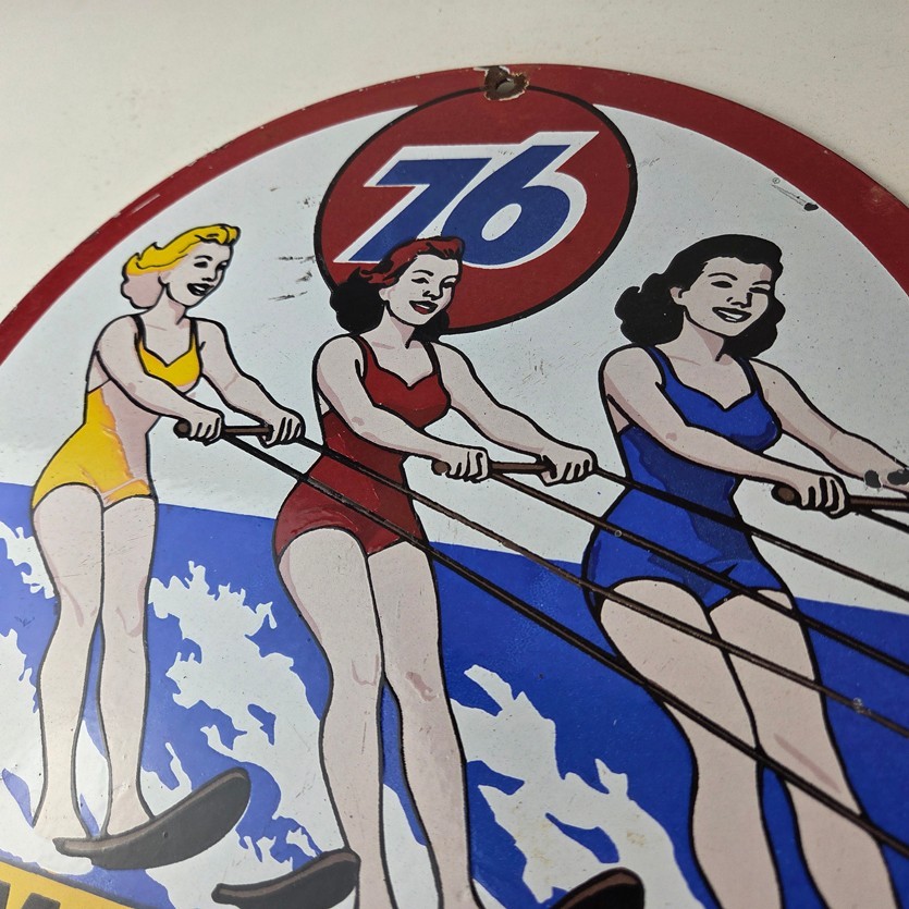 Vintage Union 76 Gasoline Sign - Porcelain Ski Show Gas Service Pump Sign