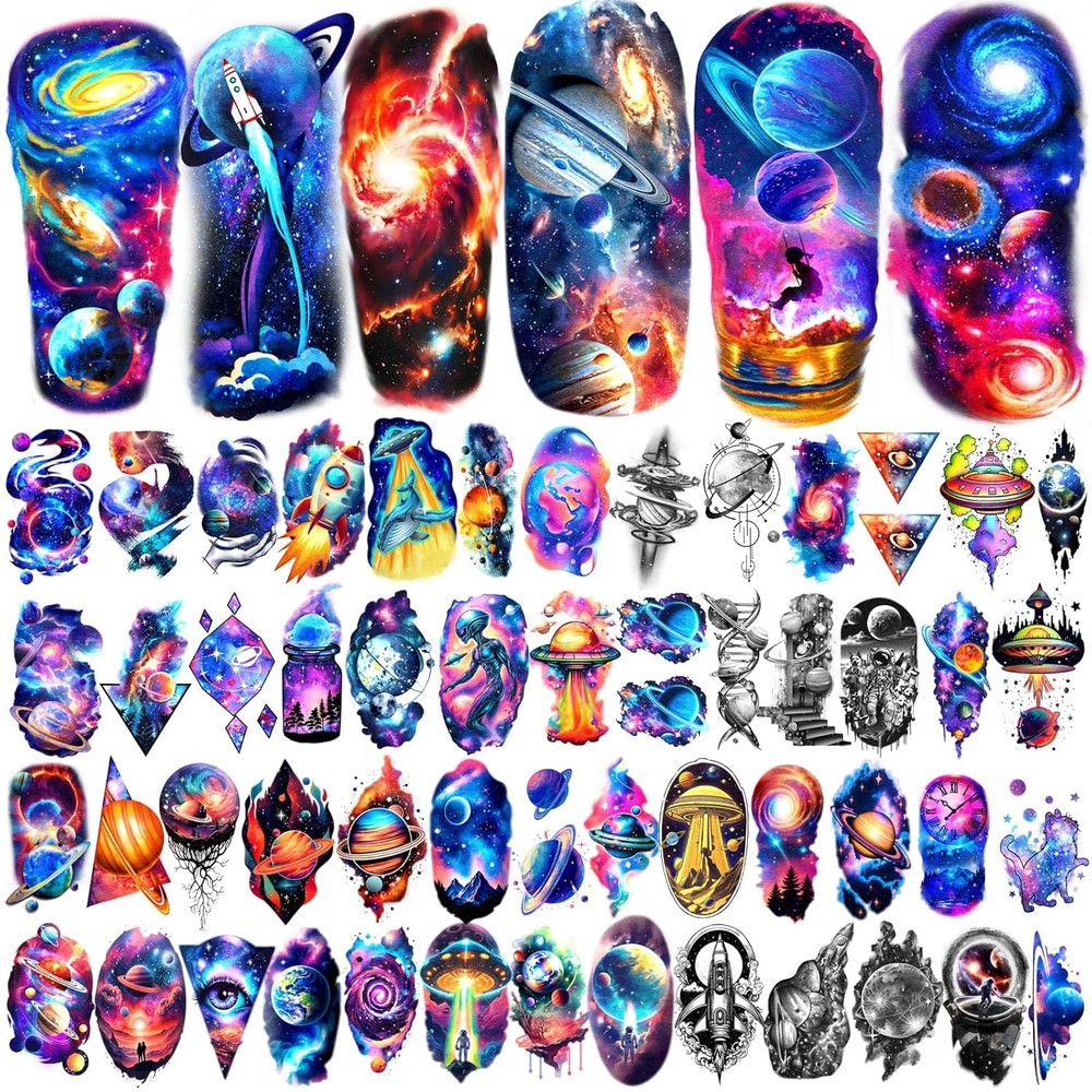 77 Sheets Temporary Tattoo, 17 Space Planet Medium, Tiny, Colorful