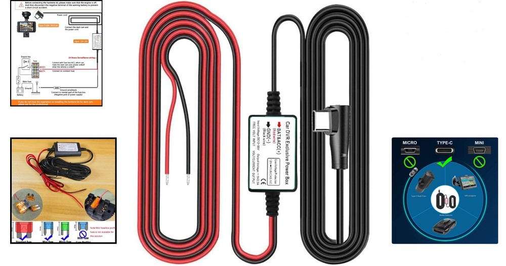DC 12V-24V to 5V Dash Cam Hardwire Kit - Continuous Power Supply Solution
