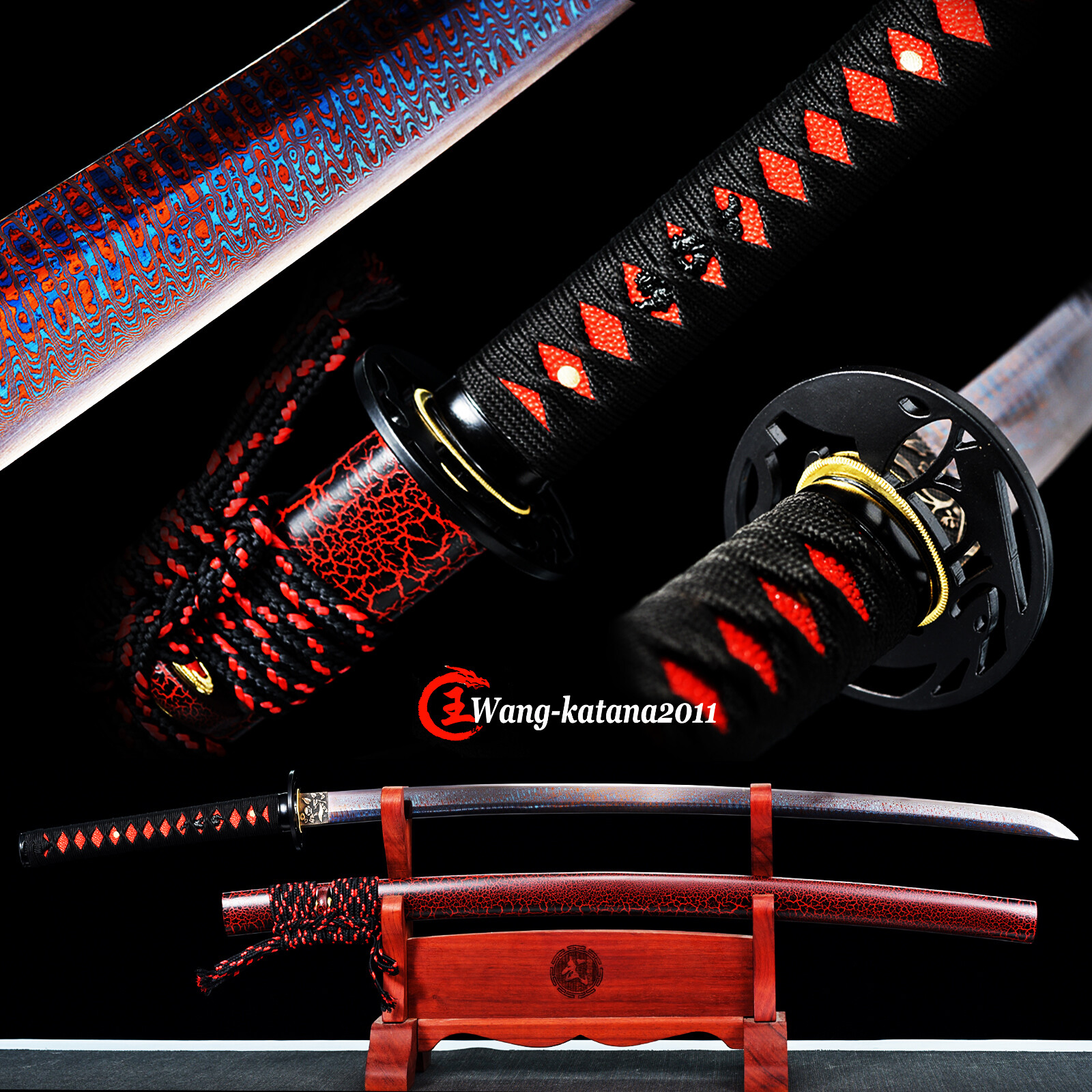 Unique Red & Blue Sharp Japanese Samurai Katana Sword Damascus 1095 Folded Steel