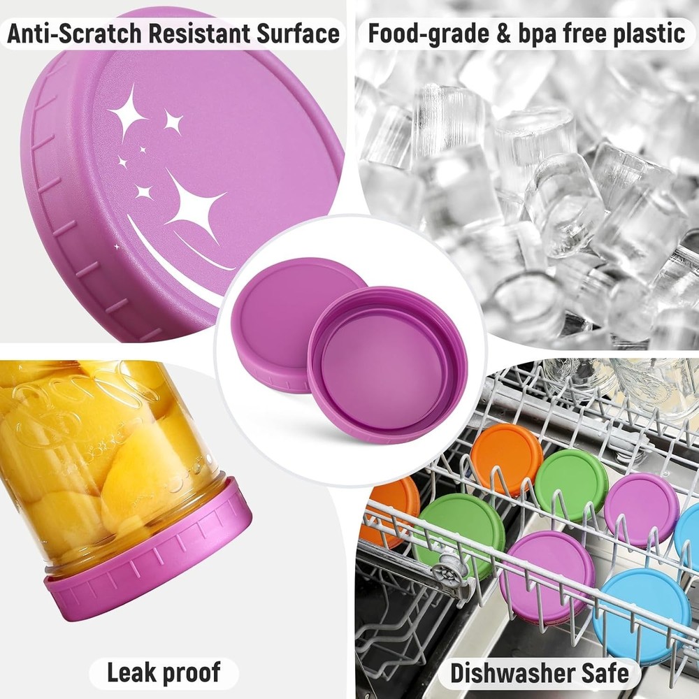 12 Pack Plastic Mason Jar Lids - Multicolor & Dishwasher Safe for Kitchen Use