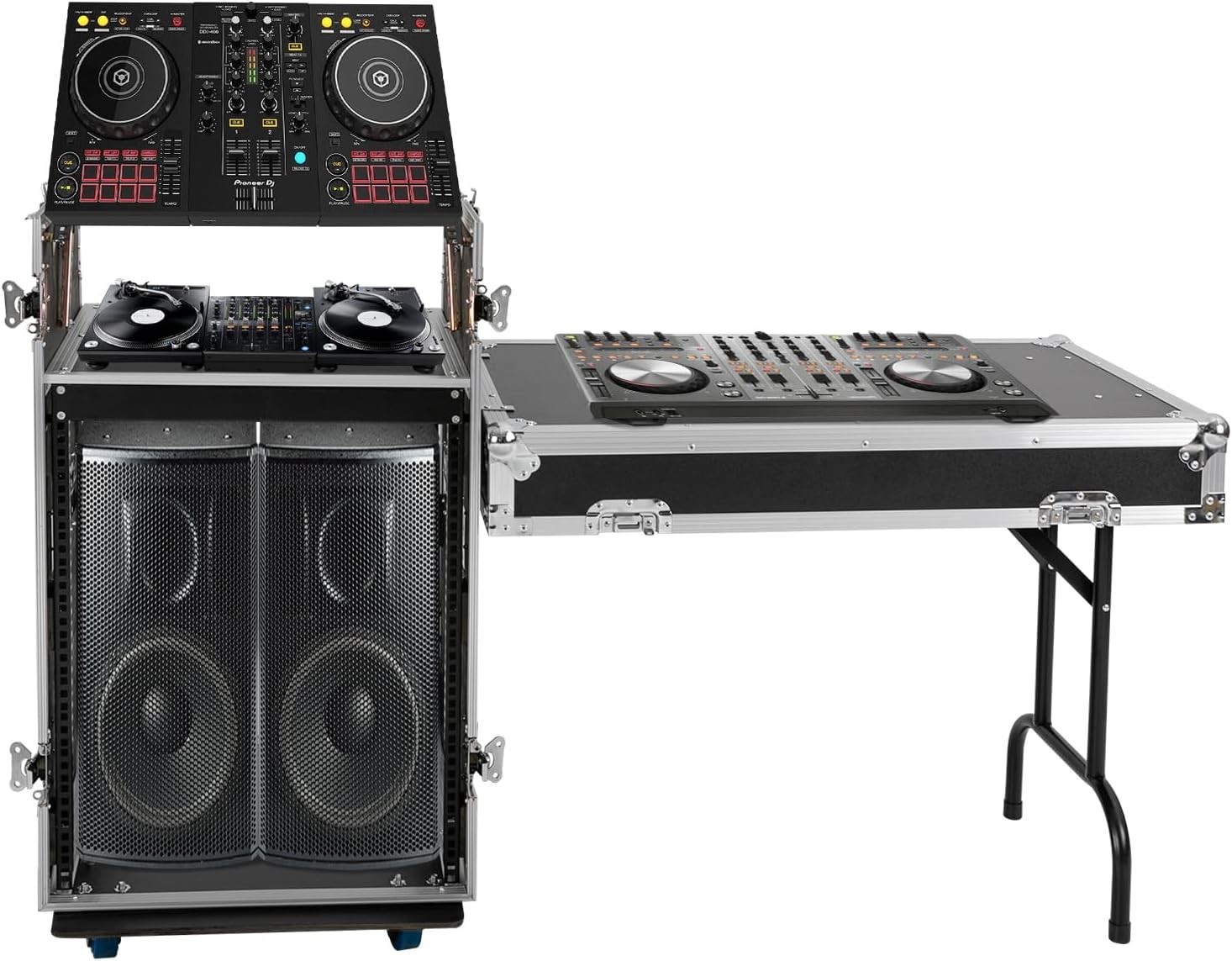 PA DJ Rack w/ 2-tier DJ Table Top 14 Space Rack Case w/ Slant Mixer Top & Caster