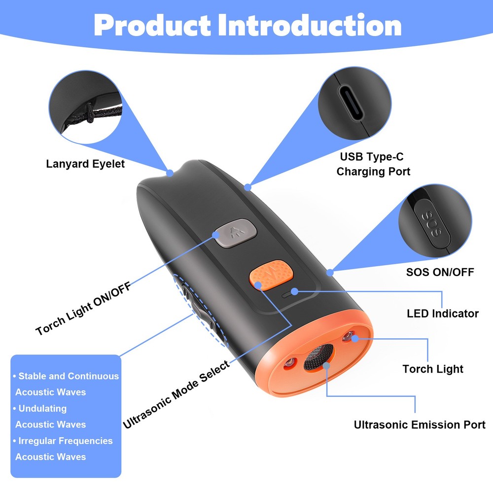 Rechargeable portable anti-barking device with LED