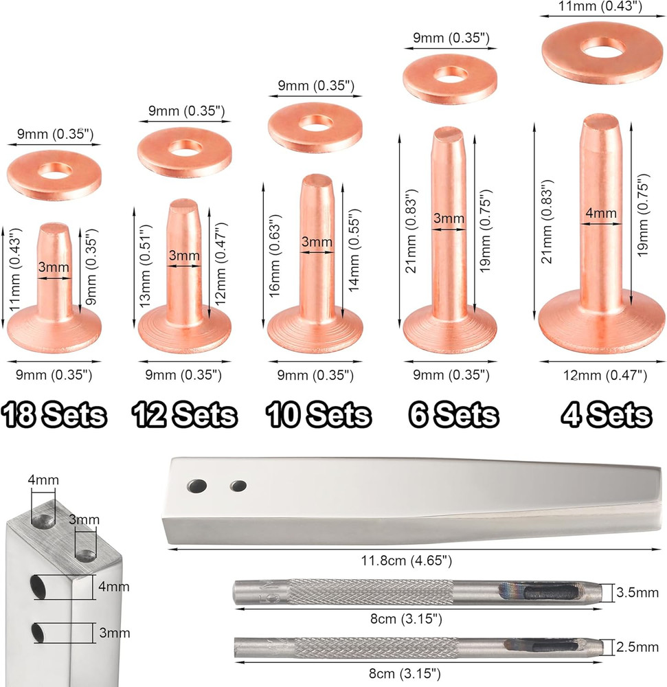 50Sets Copper Rivets Assorted Leather Rivet Kit for Leather Working Brass Rivets