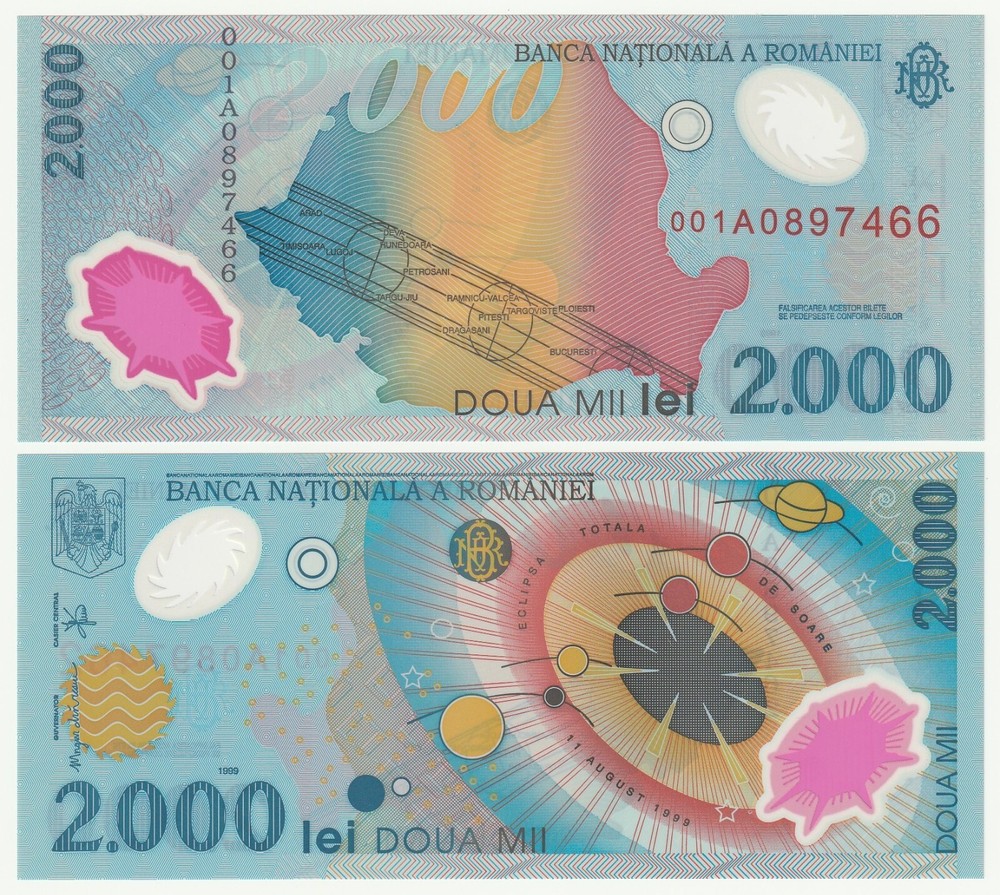 1999 ROMANIA, 2000 LEI, POLYMER, 1st PREFIX 001A, UNC P-111