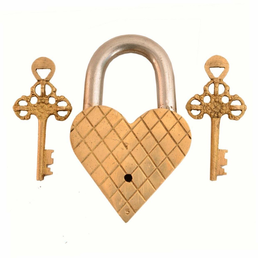 Handmade Rare Heart-Shape Padlock with 2 Skeleton Keys Fully Functional