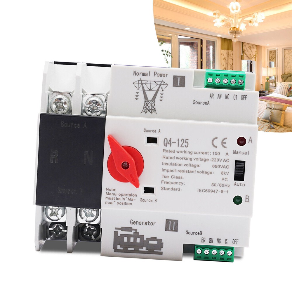 Automatic Transfer Switch 2P 100A Generator Changeover Switch Dual-Power NEW!