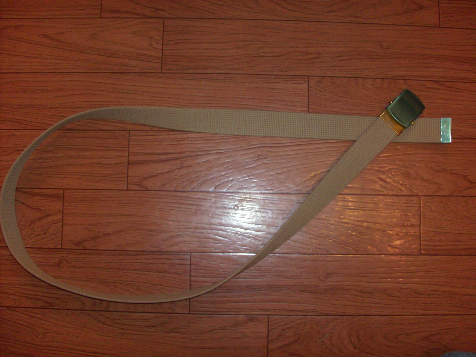 U.S MILITARY KHAKI WEB BELT WITH SOLID BRASS BUCKLE U.S.A MADE 54" HEAVY WEB