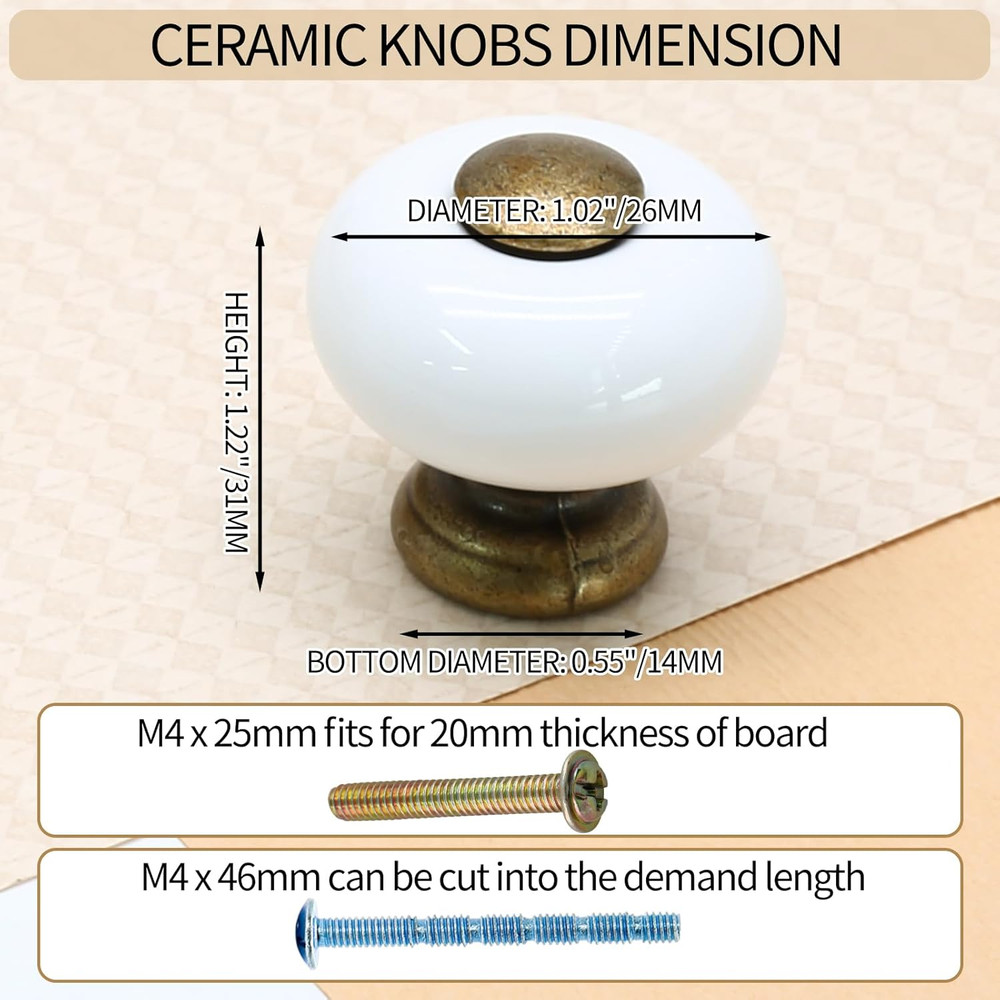 6pcs White Ceramic Drawer Knobs, Vintage Dresser Knobs with Antique Bronze Point