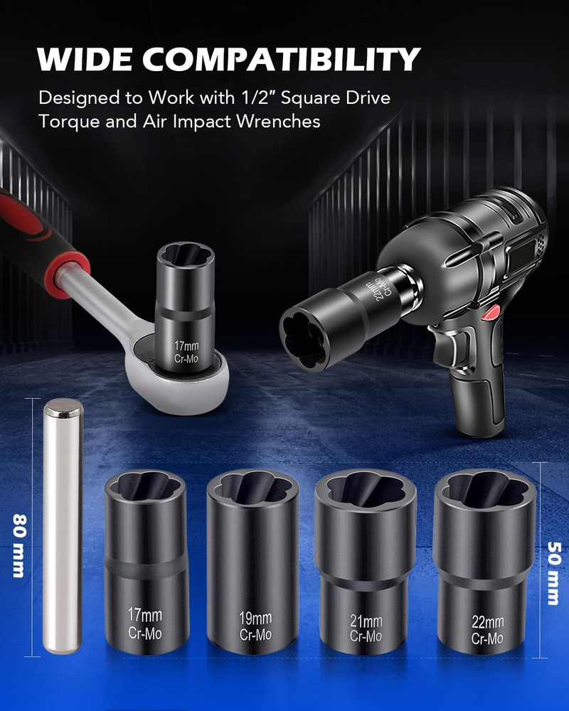 Twist Socket Tool Set 1/2in Drive 5Pc Bolt Extractor Rounded Bolt Lug Nut Remove