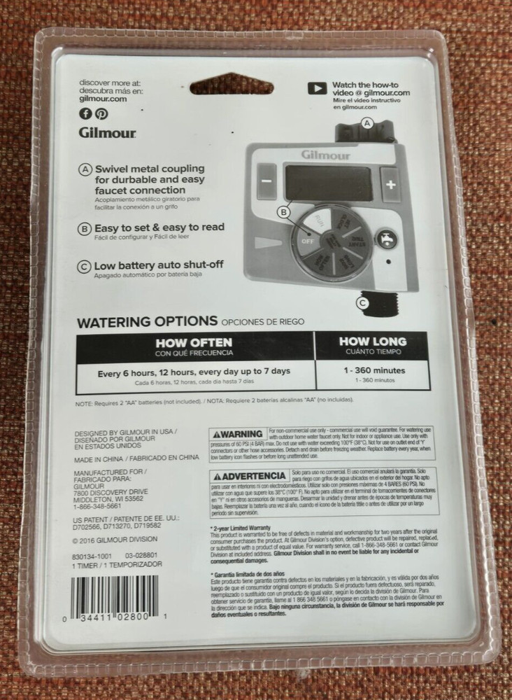 Gilmour Single Hose Outlet Programmable Electronic Water Timer NEW