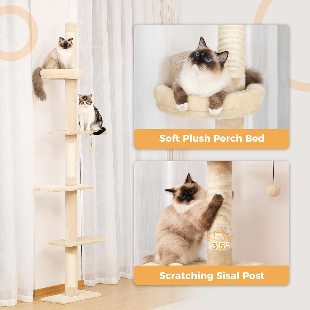 Adjustable 5-Tier Cat Tree with Scratching Post & Cozy Bed - Beige