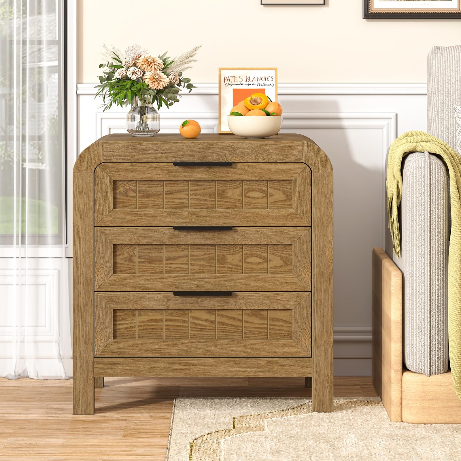 Curved NightStand Set of 2 with 3 Drawer 21" Solid Wood Nightstand