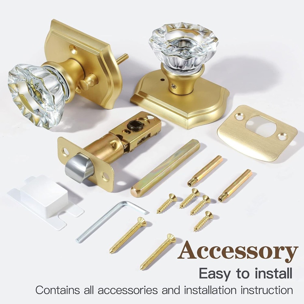 Premium Glass Door Knobs, Bathroom Bedroom Door Knobs with Lock, Privacy Gold Do