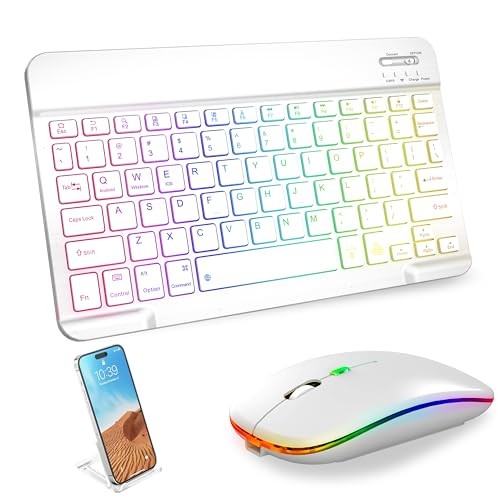 Bluetooth Keyboard & Mouse Combo for iPad - Rechargeable RGB Wireless Set White