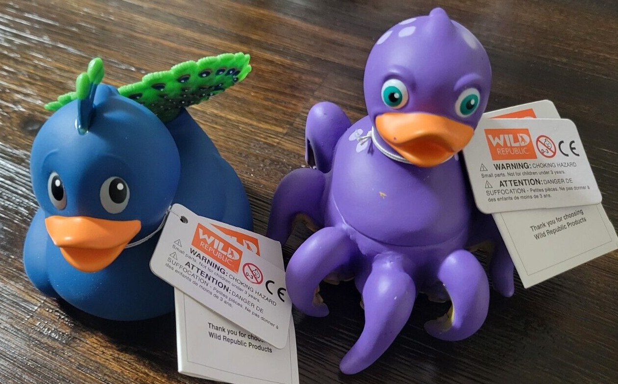 Lot of 2 Wild Republic Rubber Ducks PEACOCK and OCTOPUS Duckies - New with tags!