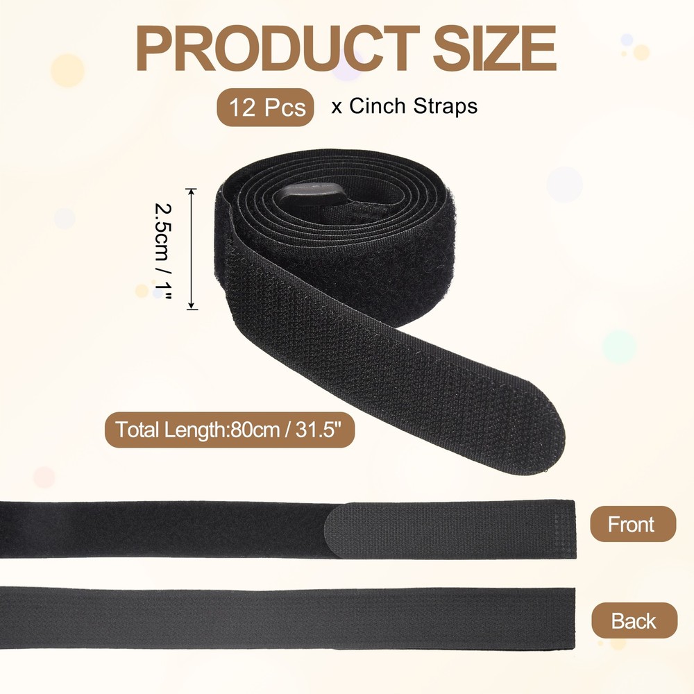 12pcs Reusable Cinch Straps 1"x31.5" Hook and Loop Cable Securing Straps, Black
