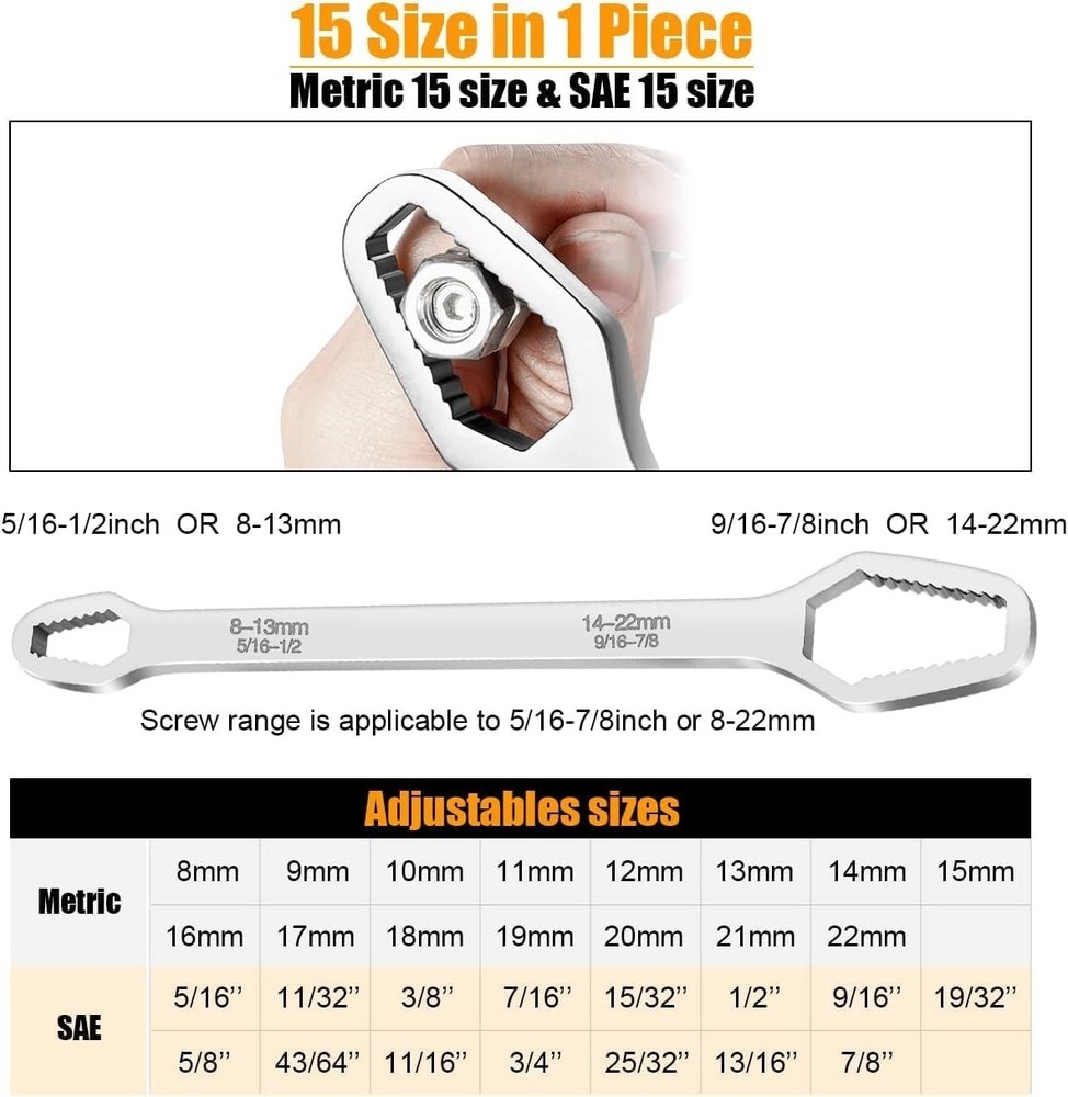 Universal Wrench 8-22mm Self Adjusting Spanner Double Ended Torx Grip Multi Tool