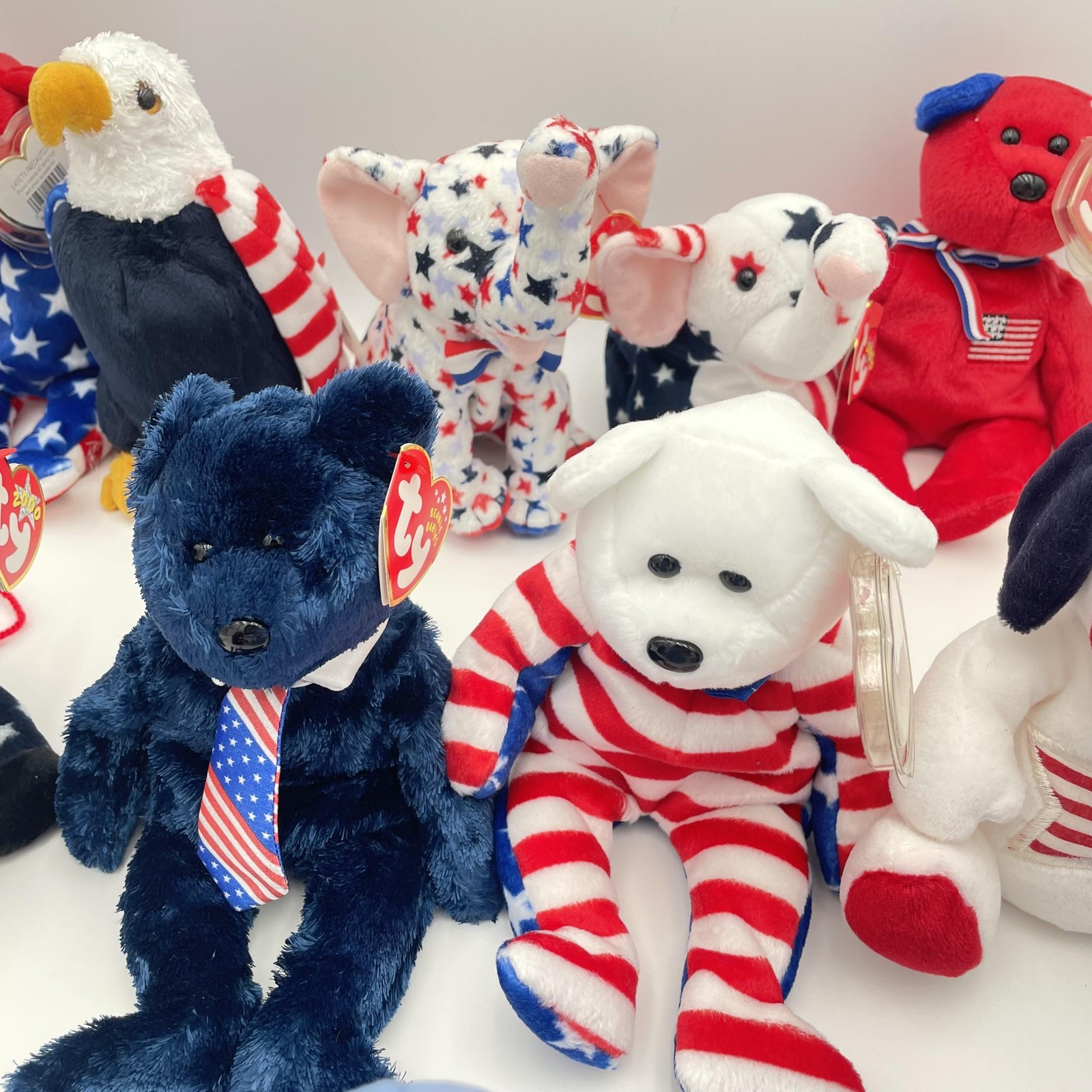 Ty Beanie Babies Patriotic Lot USA Bears Eagle Dog Elephant Zebra Plush RWB Set
