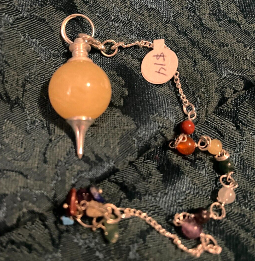 Pendulum - Lemony Yellow Moonstone on 7 Chakra Beaded Chain - Includes Pouch