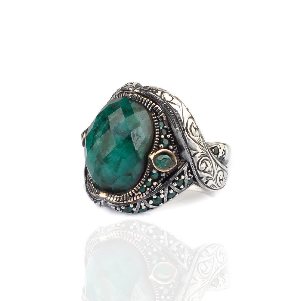 Emerald Stone Men Silver Ring, 925 Sterling Silver Emerald Gemstone Ring,