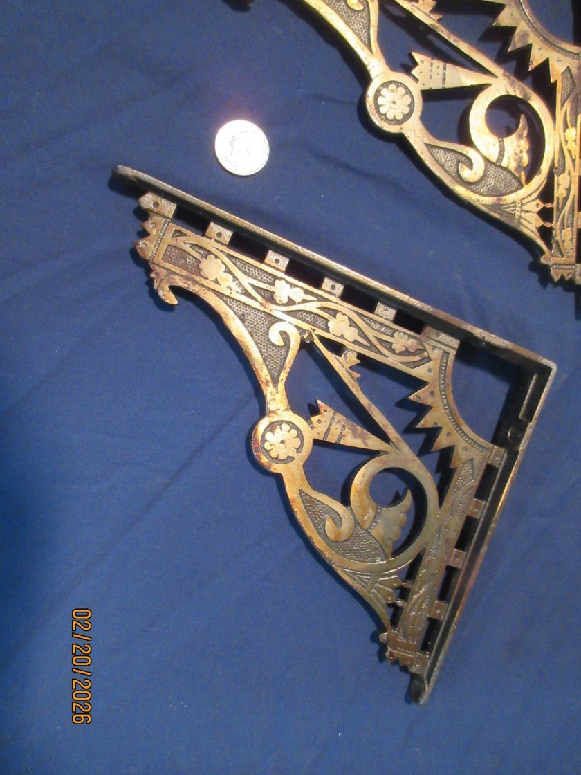 2 Antique Victorian Shelf Brackets Iron w/bronze wash. 6.75" x 8.25" 1890's