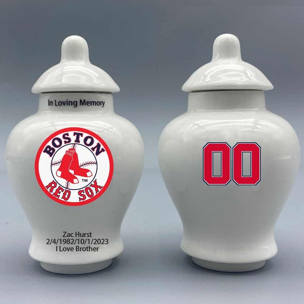 Ceramic Mini Urn for Boston Red Sox Baseball Theme, Custom Text & Number