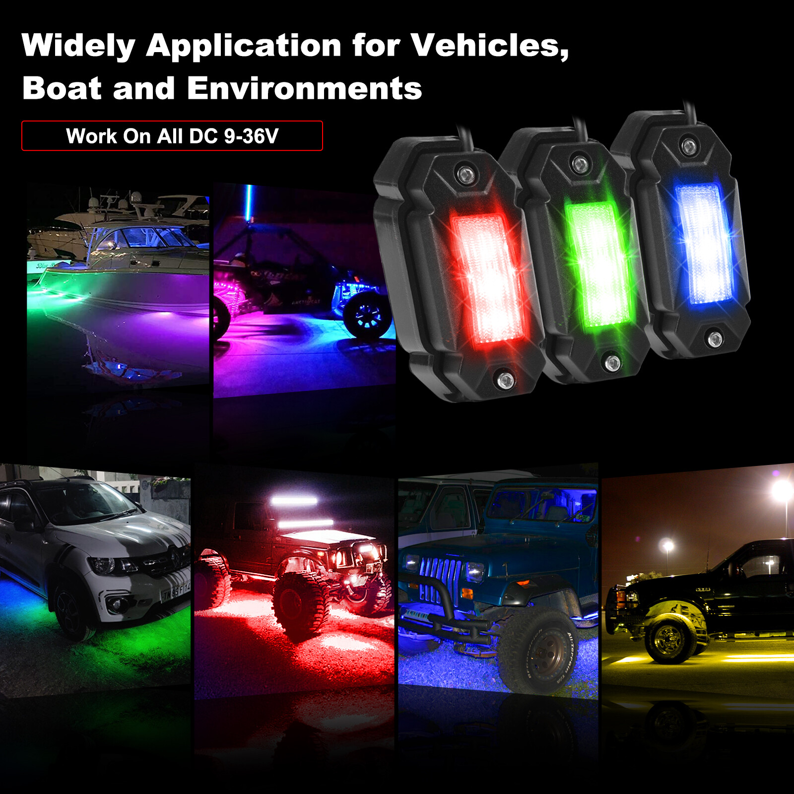 4 Pod RGB LED Rock Lights Underglow with Bluetooth APP Control For UTV ATV RZR