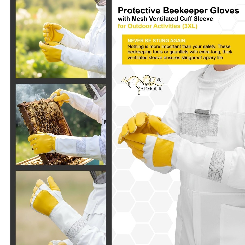 Beekeeping Gloves - Protective Beekeeper Gloves with Mesh Ventilated Cuff Sle...