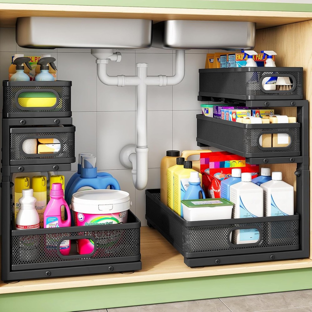 Under Sink Organizer 2-Pack 3-Tier Height Adjustable Thickened Metal Pull out